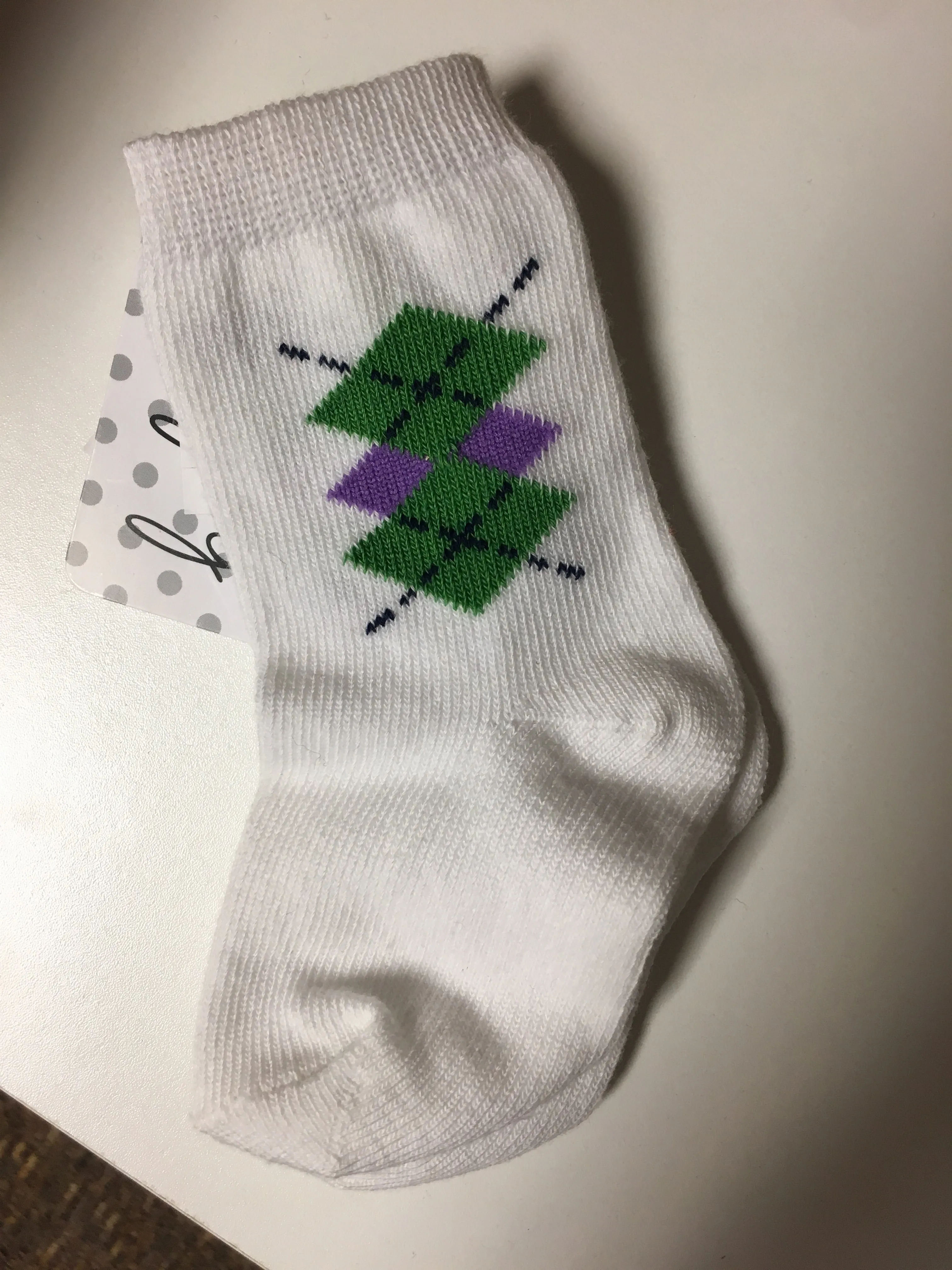 0-12 month Assorted white socks with green and purple designs