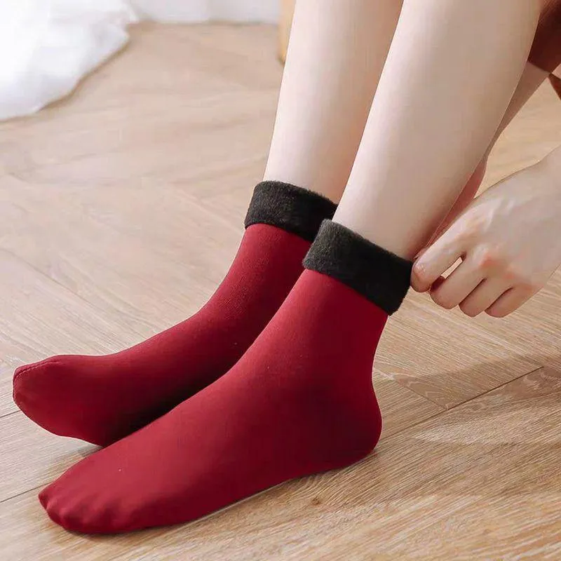 1 Pair of Solid Color Fuzzy Lined Socks Warm Womens Socks