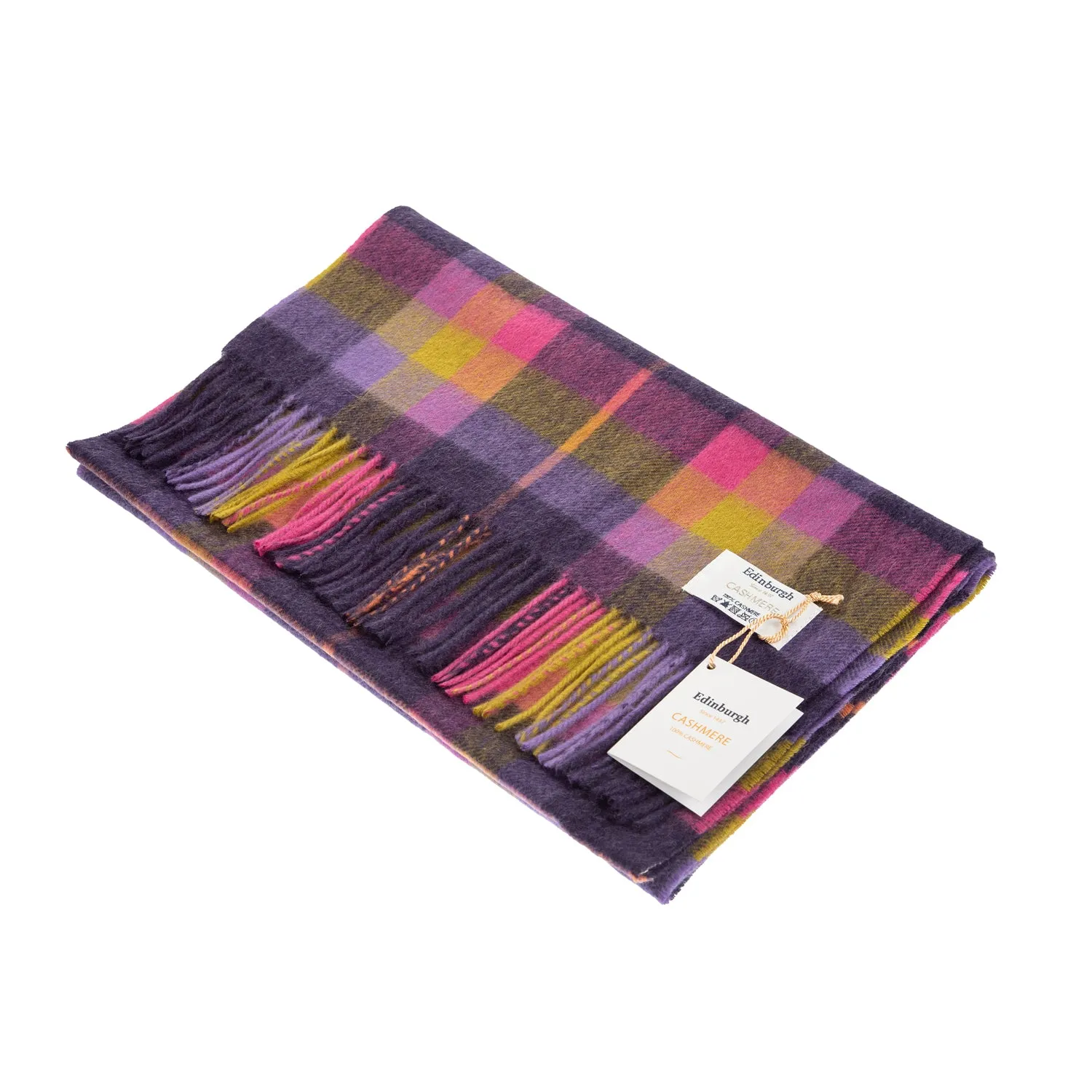 100% Cashmere Wide Tartan Scarf Galaxy Plaid Fuchsia