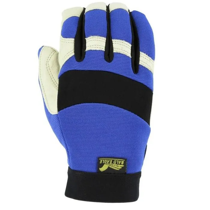 Bald Eagle Mechanics Glove with Pigskin Palm and Stretch Knit Back, Blue, 2152