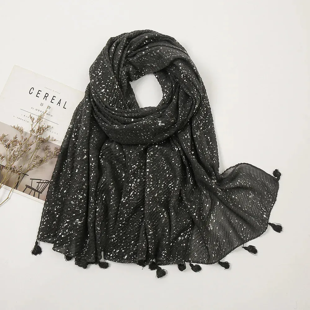 Big Size Plain Glitter Tassel Viscose Shawl Scarf Lady High Quality Wrinkle Wrap Pashmina Stole Bufandas Muslim Hijab 190*85Cm