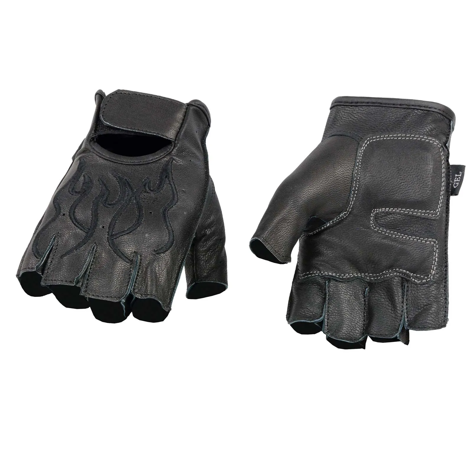 BLACK Flame SH198 Men's Black Leather Gel Padded Palm Fingerless Motorcycle Hand Gloves W/ ‘Black Flame Embroidered’