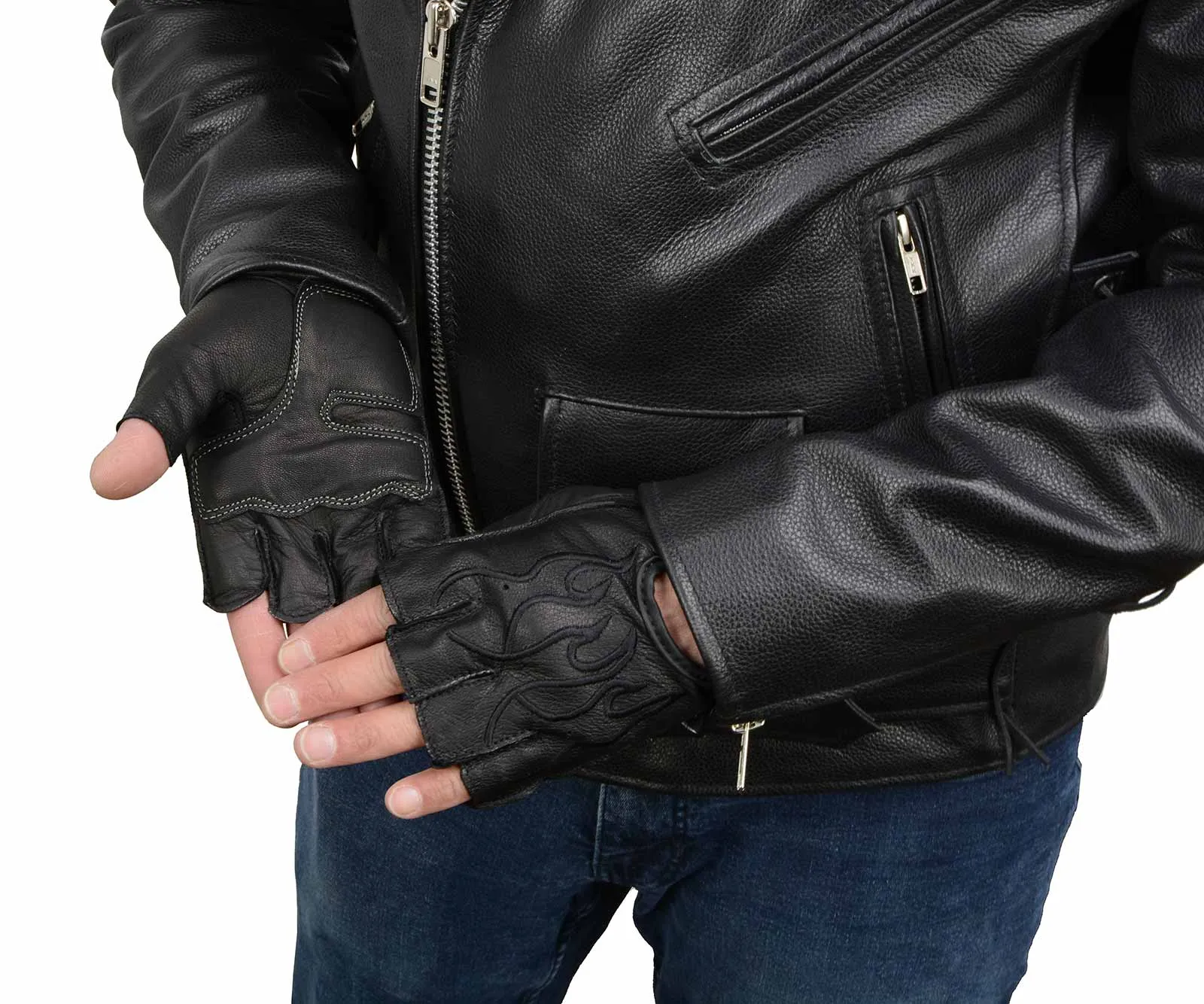 BLACK Flame SH198 Men's Black Leather Gel Padded Palm Fingerless Motorcycle Hand Gloves W/ ‘Black Flame Embroidered’