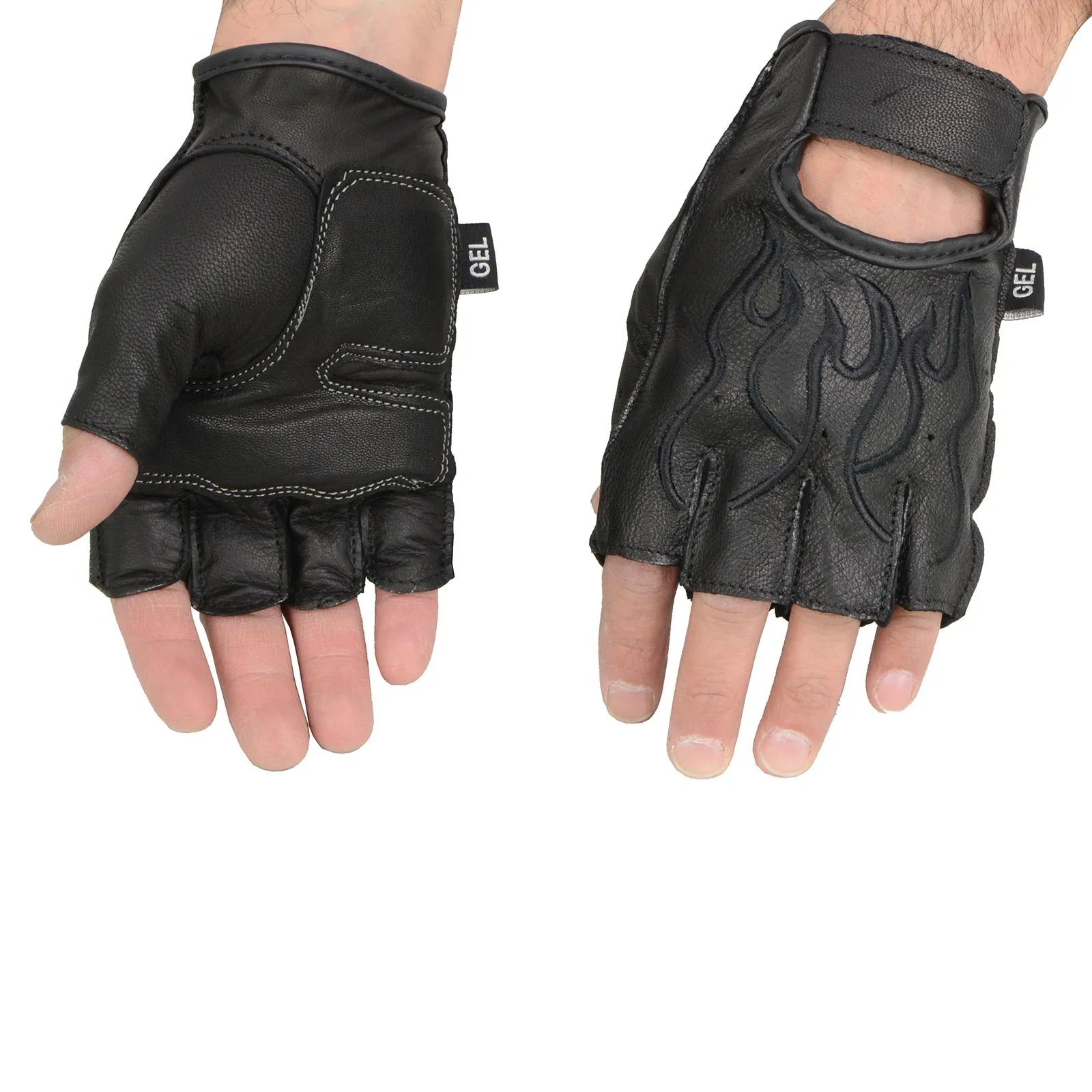 BLACK Flame SH198 Men's Black Leather Gel Padded Palm Fingerless Motorcycle Hand Gloves W/ ‘Black Flame Embroidered’