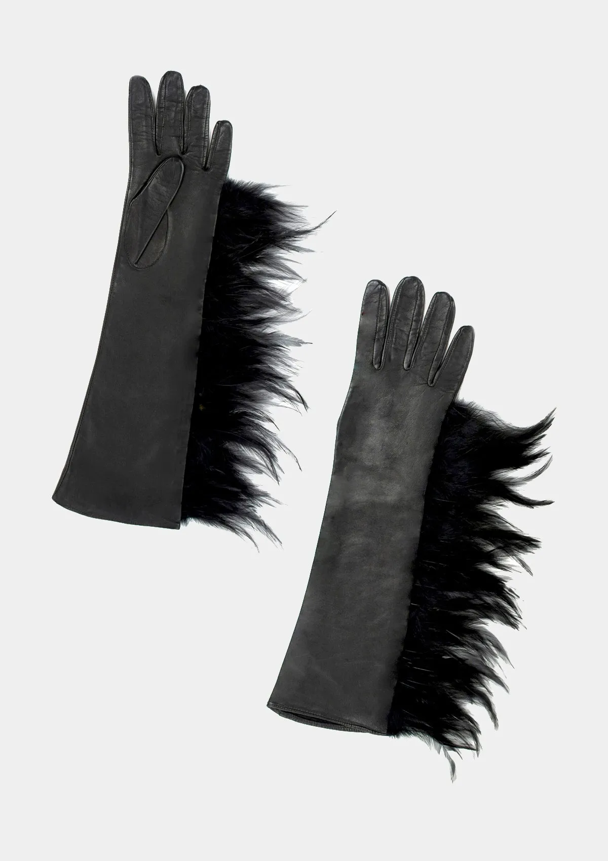 BLACK LEATHER GLOVES WITH FEATHER TRIM