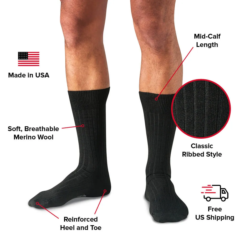 Black Merino Wool Mid Calf Dress Socks