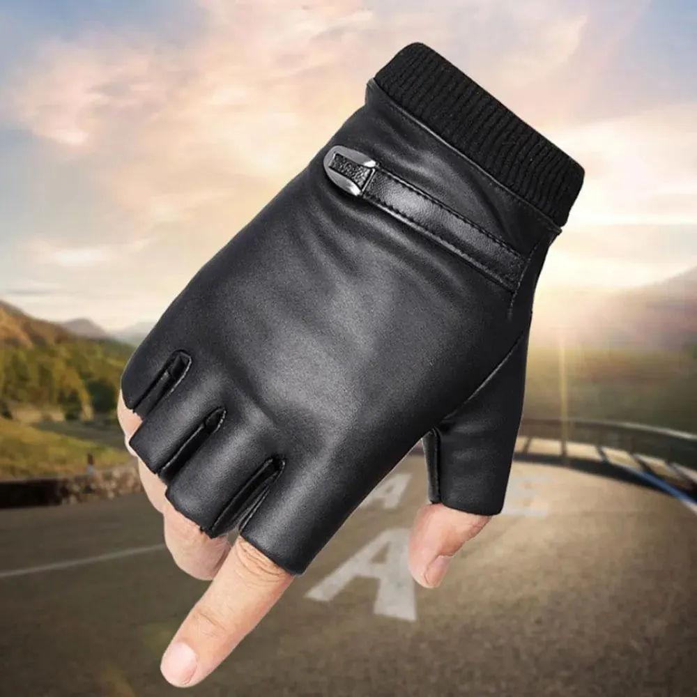 Black PU Leather Fingerless Mens Gloves Solid Button Warm Half Finger Driving Men Riding Gloves