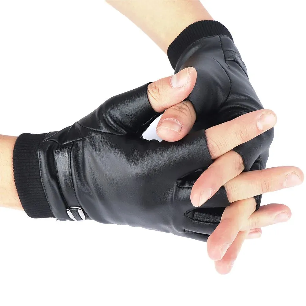 Black PU Leather Fingerless Mens Gloves Solid Button Warm Half Finger Driving Men Riding Gloves