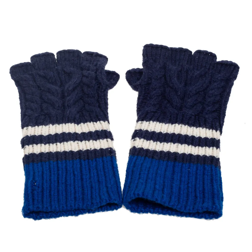 Blue Striped Cable Knit Cashmere Fingerless Gloves