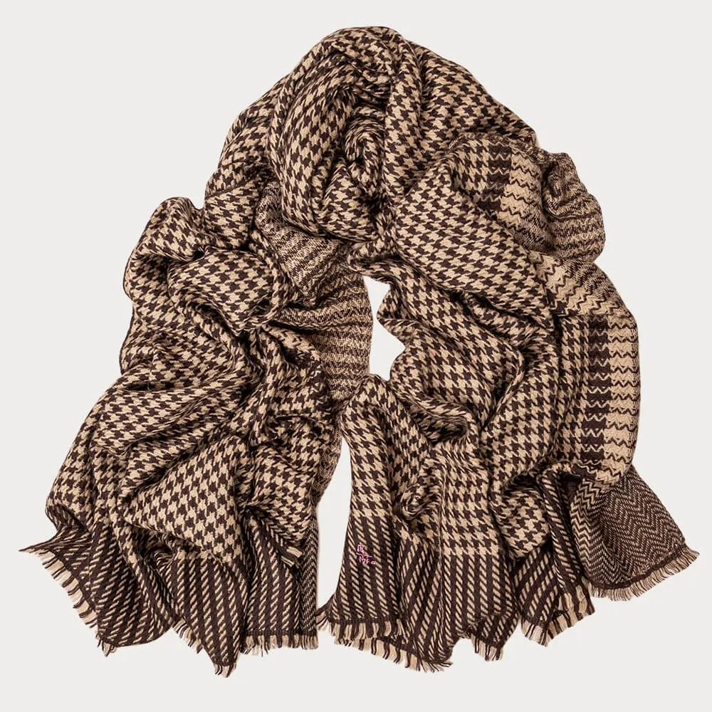 Chocolate and Hazelnut Houndstooth Cashmere Shawl