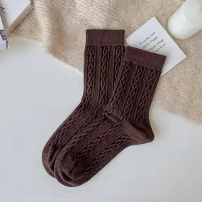 Coffee Solid Color Twisted Wool Mid Calf Stacked Socks