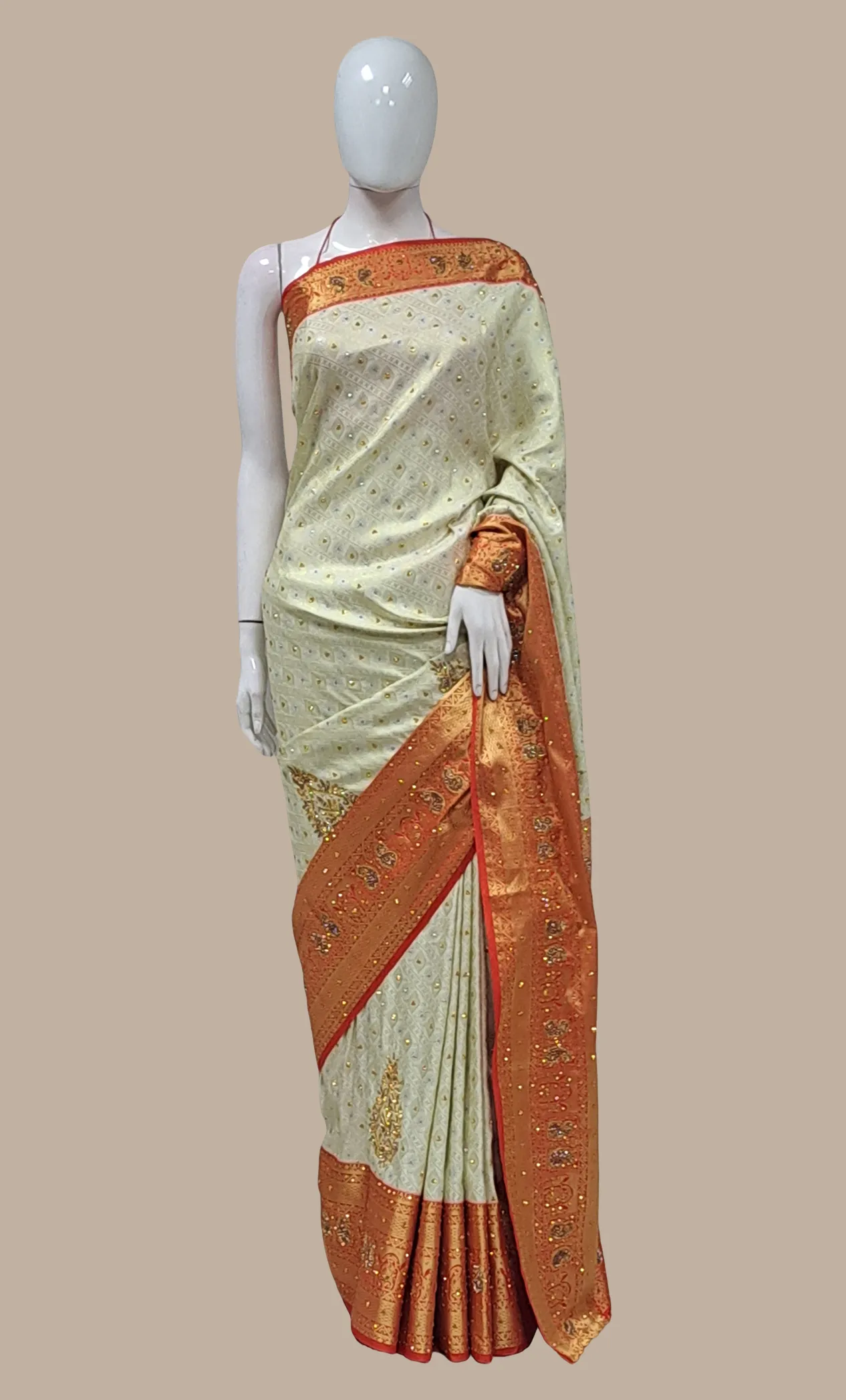 Cream Embroidered Pure Silk Bridal Sari