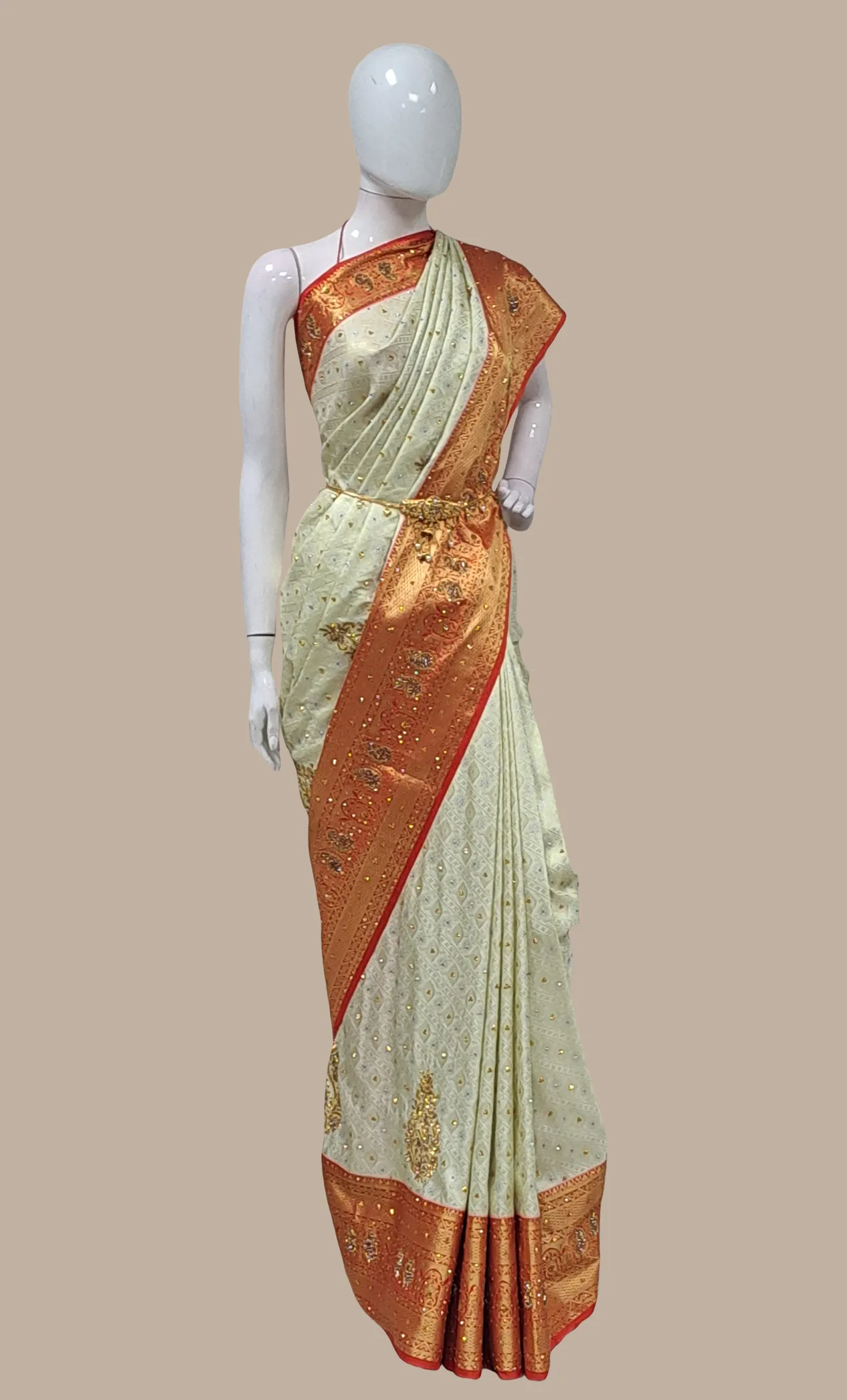 Cream Embroidered Pure Silk Bridal Sari