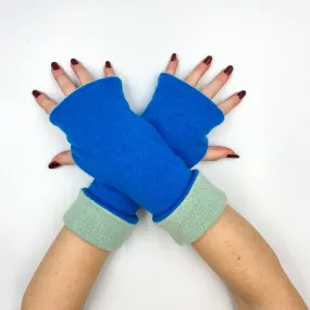 Electric Blue and Mint Luxury Reversible Cashmere Fingerless Glovese