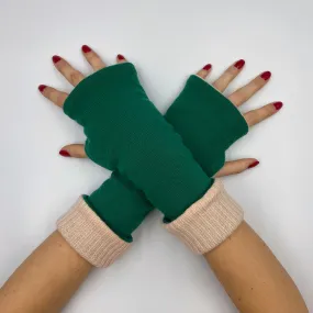 Emerald Green and Ice Pink Luxury Reversible Cashmere Fingerless Gloves