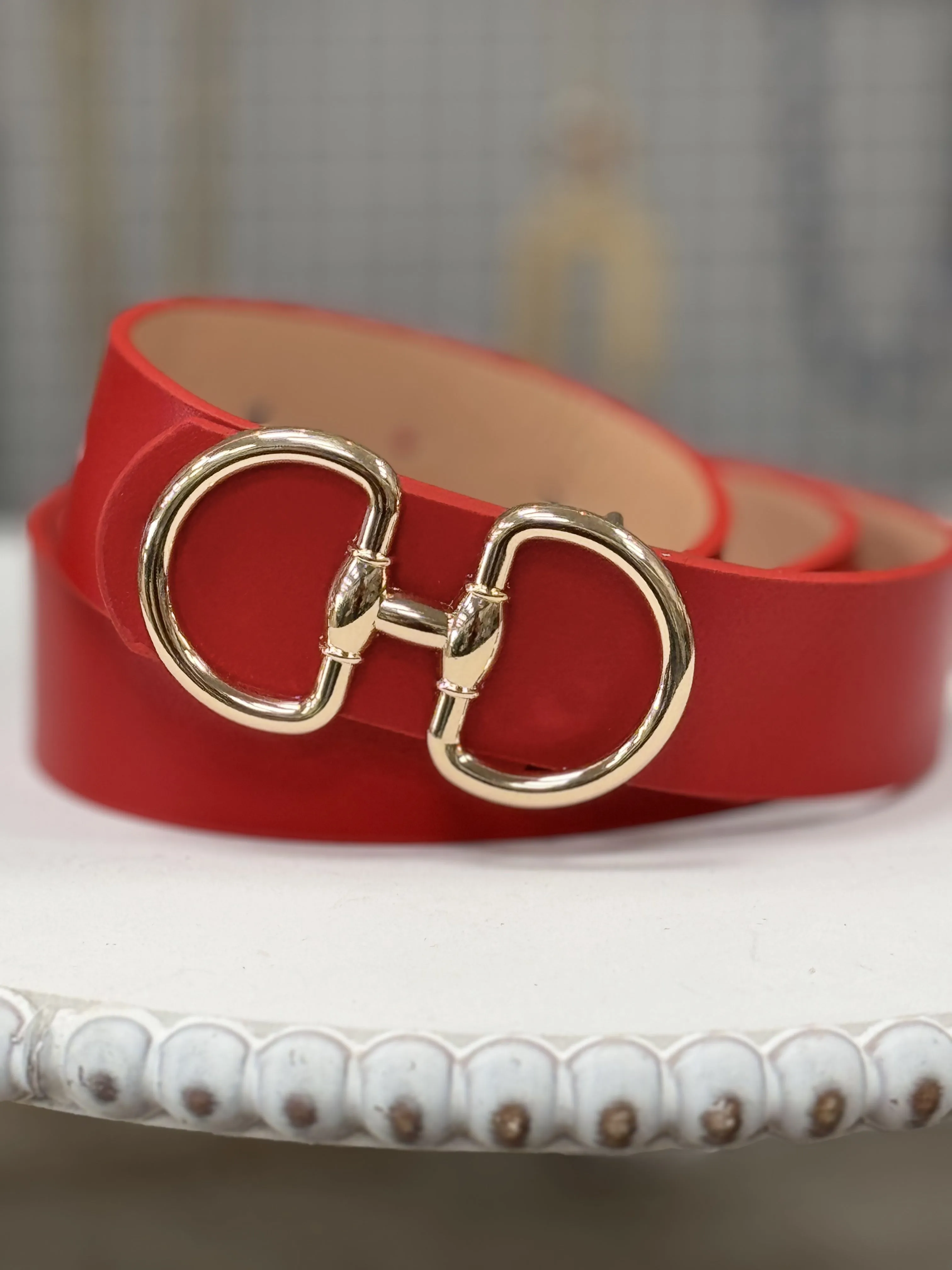 Fashion Faux Gold Buckle Belt, Red