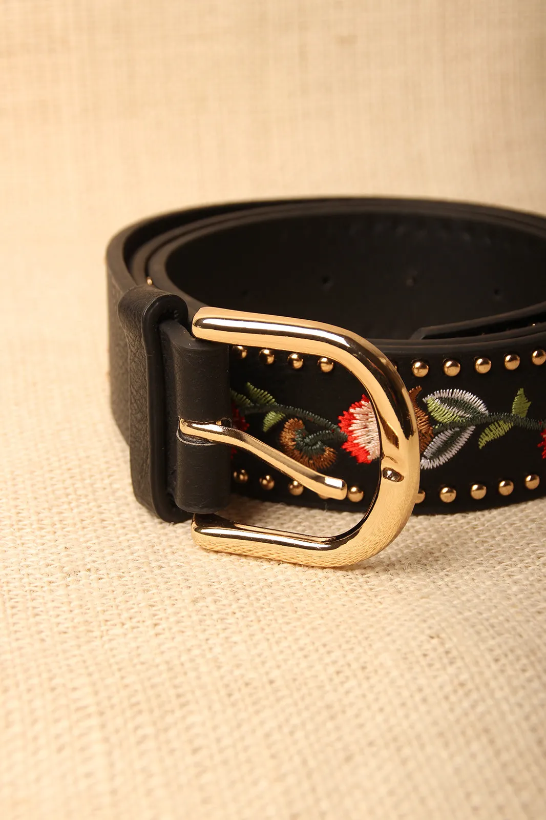 Floral Embroidered Studded Trim Buckle Belt