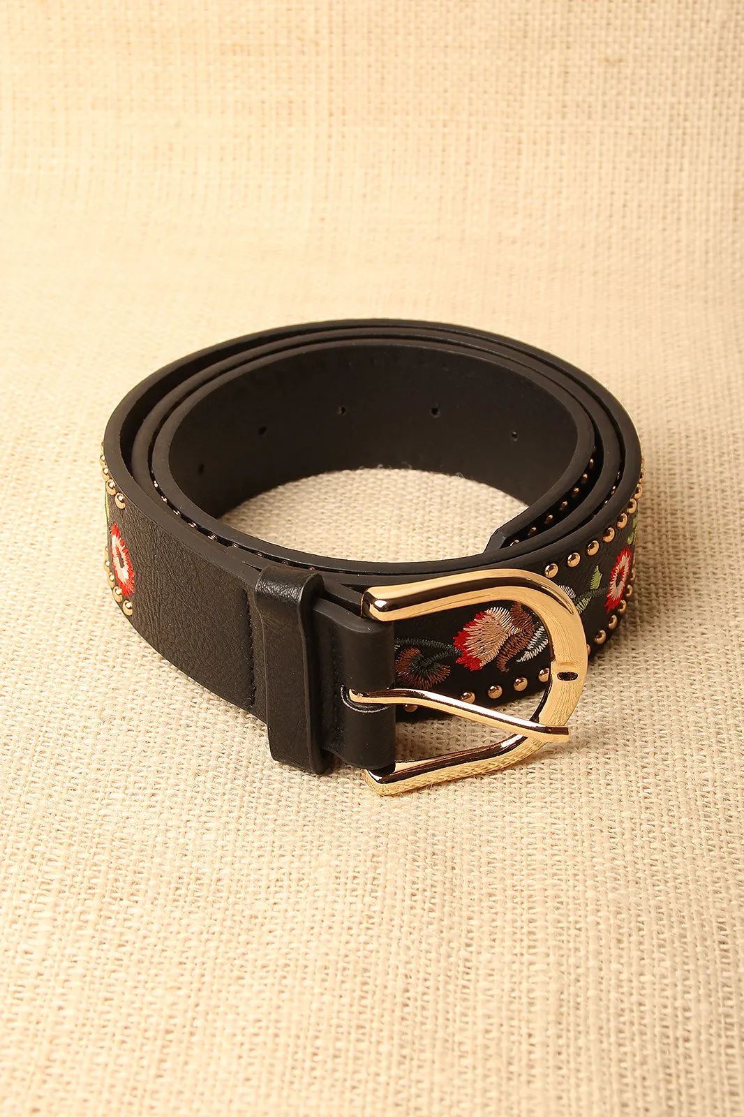 Floral Embroidered Studded Trim Buckle Belt