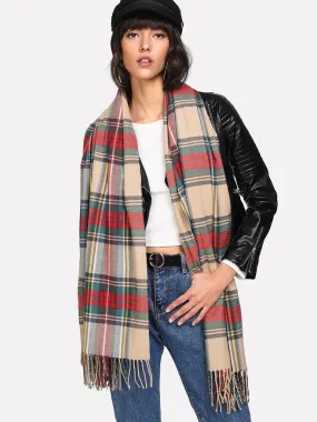 Fringe Trim Plaid Scarf