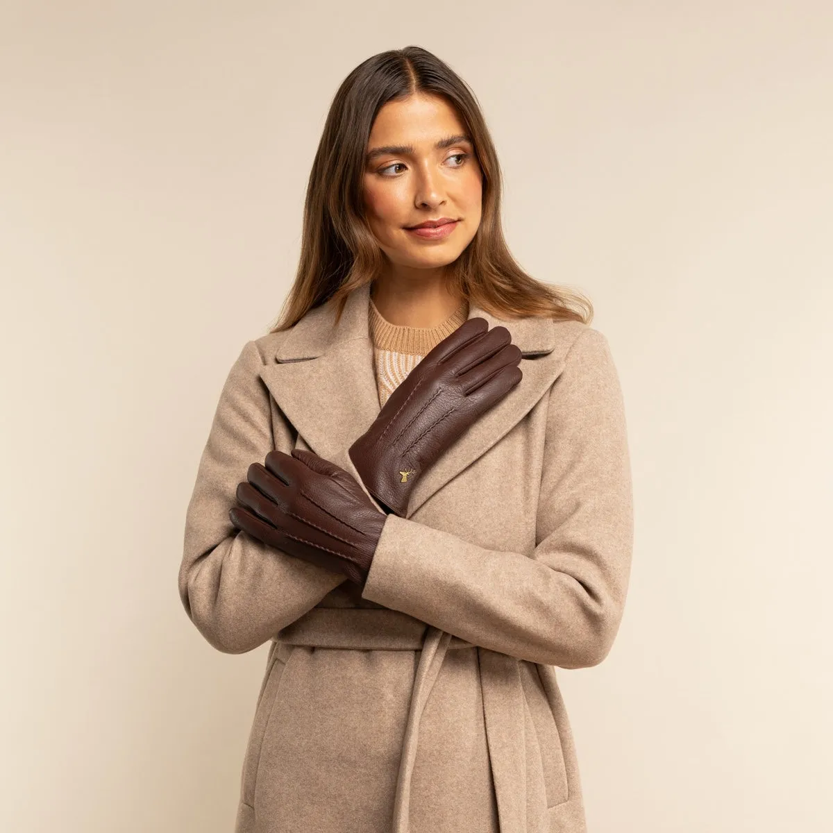 Julia (brown) - goatskin leather gloves with luxury faux fur lining & touchscreen feature