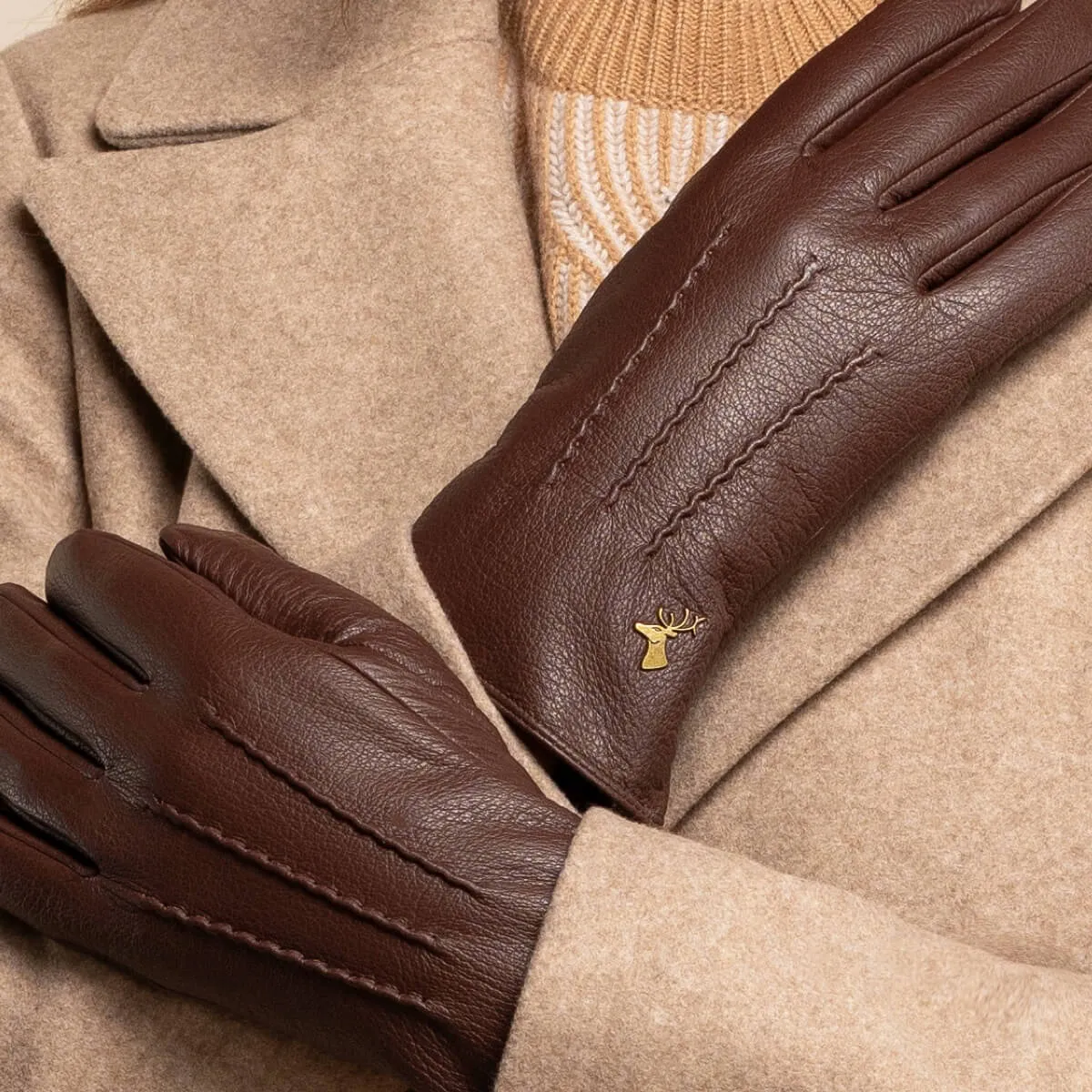 Julia (brown) - goatskin leather gloves with luxury faux fur lining & touchscreen feature