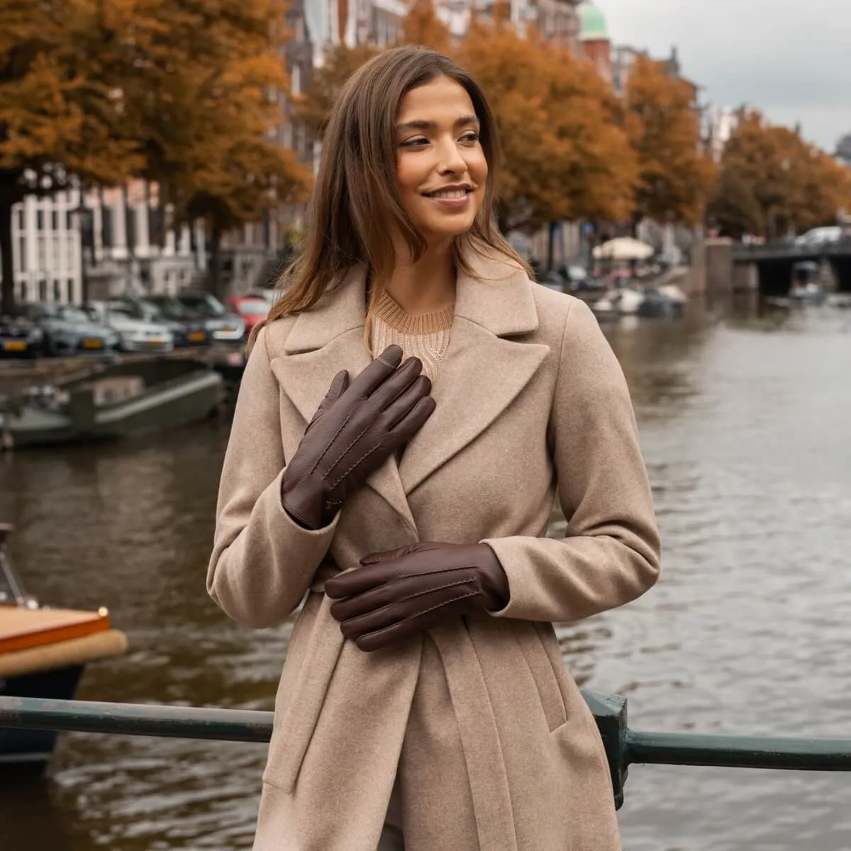 Julia (brown) - goatskin leather gloves with luxury faux fur lining & touchscreen feature