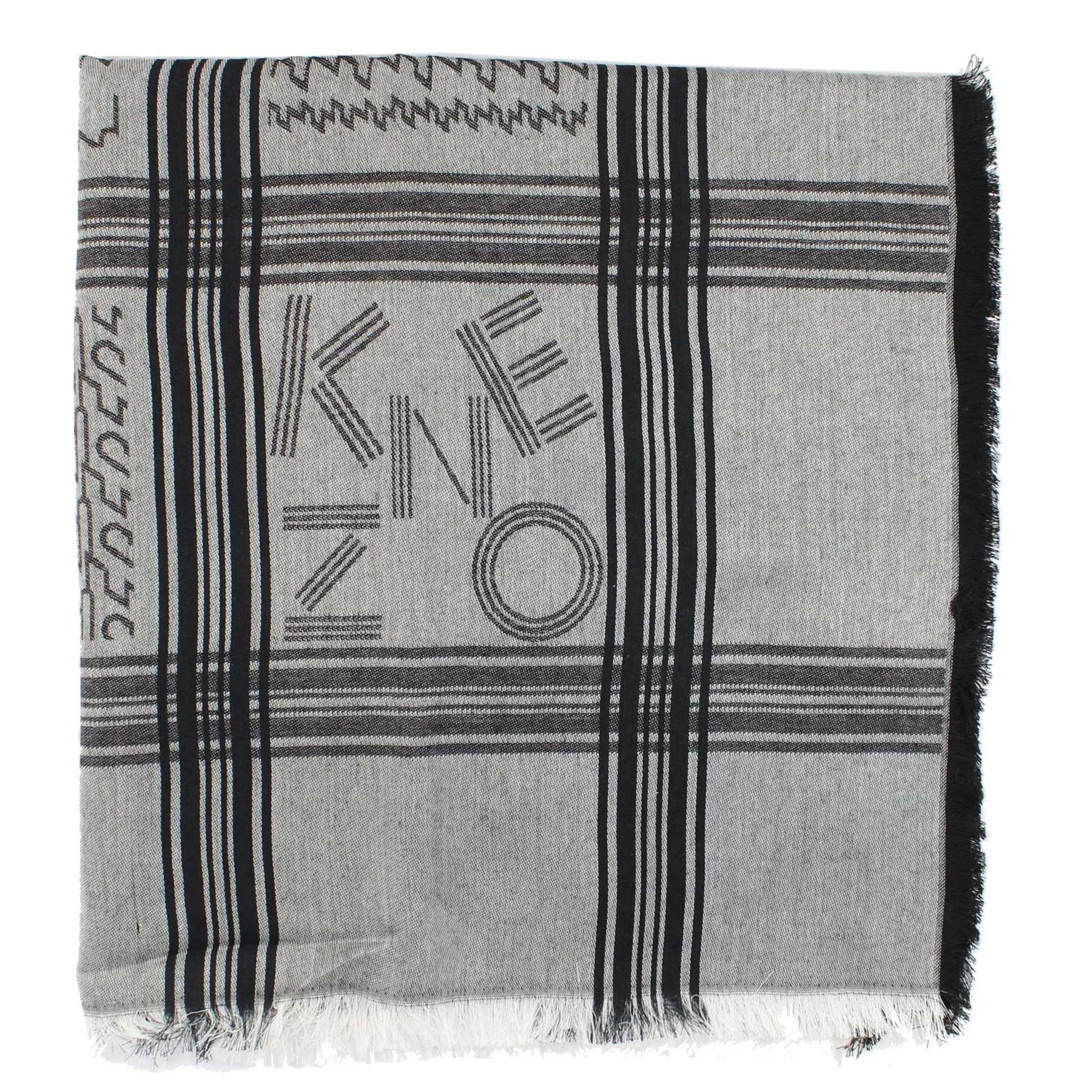 Kenzo Scarf Black Gray Houndstooth Stripes Logo Design - Large Cotton Wrap SALE