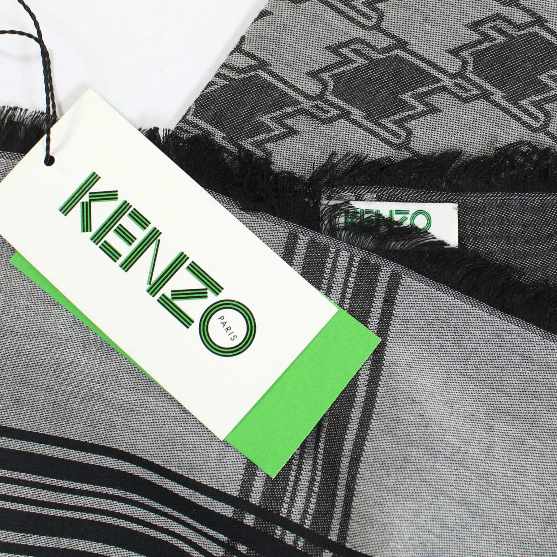 Kenzo Scarf Black Gray Houndstooth Stripes Logo Design - Large Cotton Wrap SALE