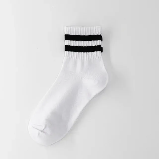 Kids Classic Two Striped Cotton Crew Socks Retro Old School Children Baby Boys Girls Socks Hiphop Skate White School Socks Black