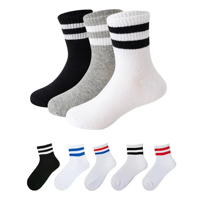 Kids Classic Two Striped Cotton Crew Socks Retro Old School Children Baby Boys Girls Socks Hiphop Skate White School Socks Black