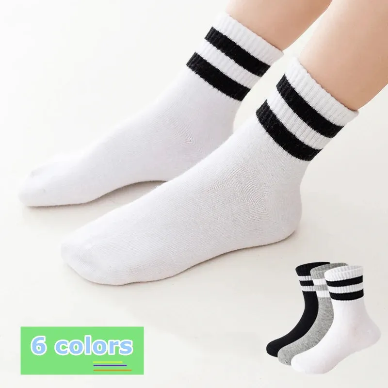 Kids Classic Two Striped Cotton Crew Socks Retro Old School Children Baby Boys Girls Socks Hiphop Skate White School Socks Black