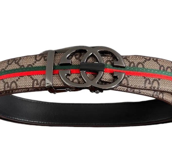 Men's Brown Printed Luxury Belt Genuine Leather Buckle Green and Red Stripe