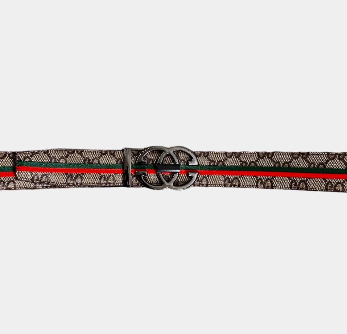 Men's Brown Printed Luxury Belt Genuine Leather Buckle Green and Red Stripe