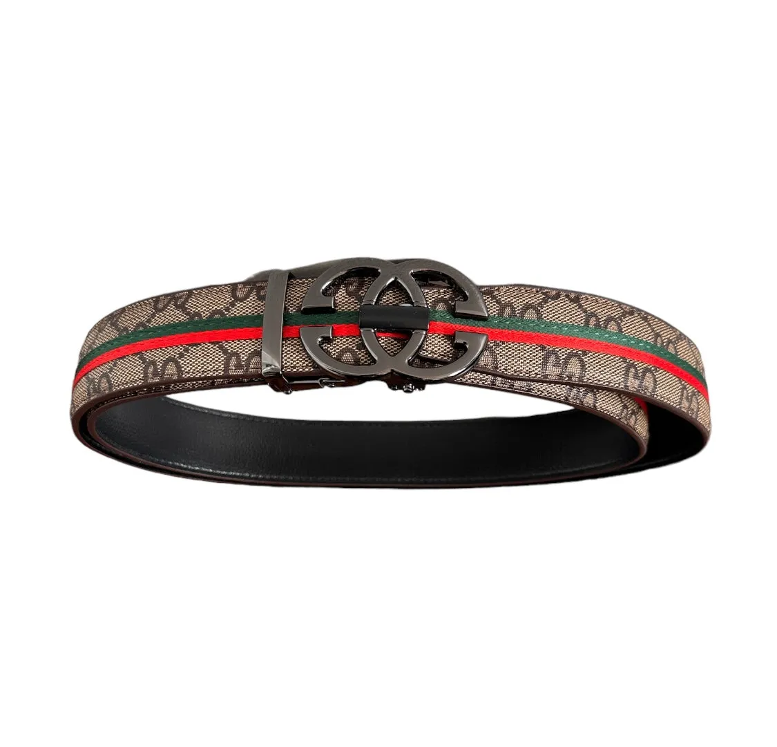 Men's Brown Printed Luxury Belt Genuine Leather Buckle Green and Red Stripe