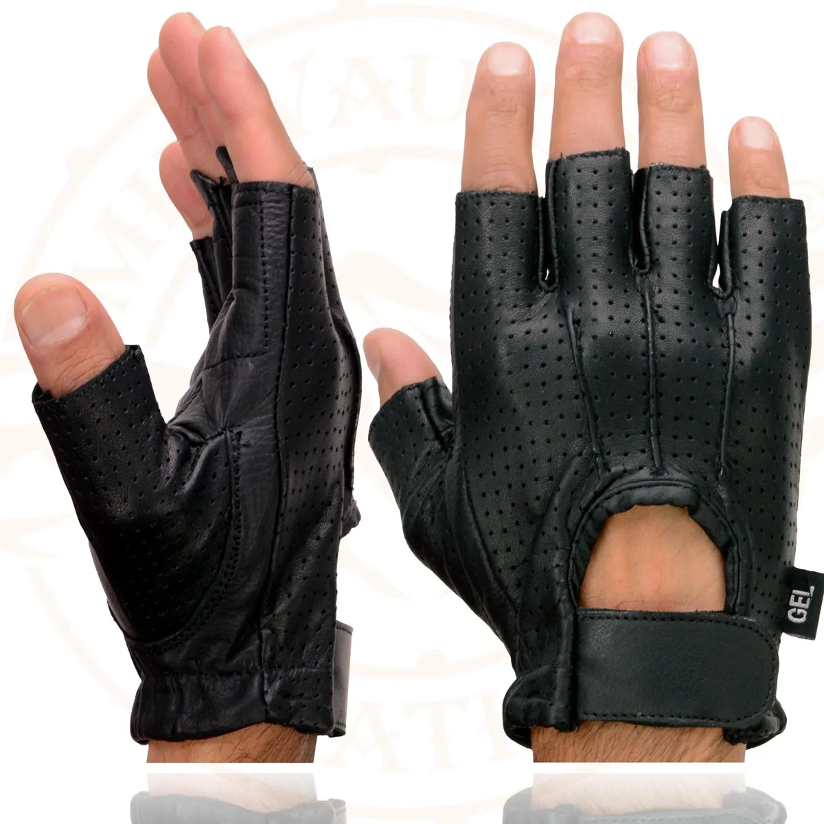 Milwaukee Leather SH357 Men's Black Leather Gel Padded Palm Fingerless Motorcycle Hand Gloves W/ ‘Welted Perforated Leather’