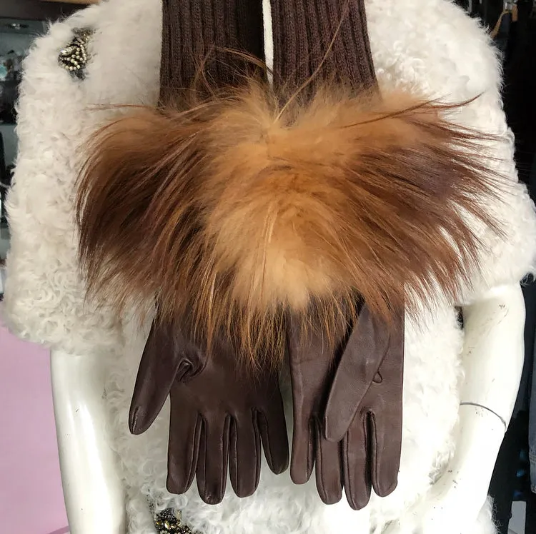 Missoni Brown Knit Lambskin Long Gloves with Fox Fur