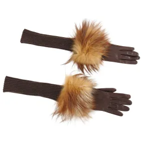 Missoni Brown Knit Lambskin Long Gloves with Fox Fur