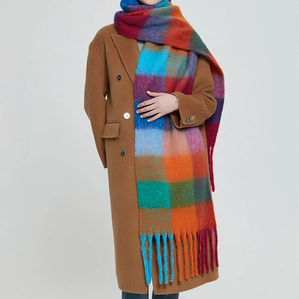 PLAID PATTERN FRINGE WINTER SCARF