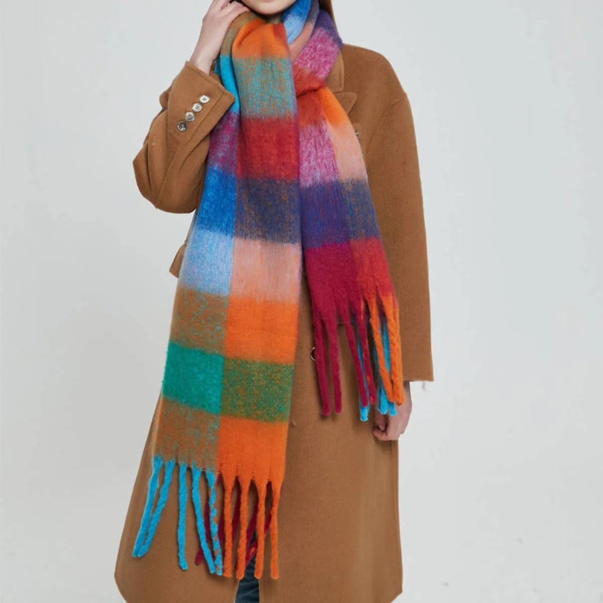 PLAID PATTERN FRINGE WINTER SCARF