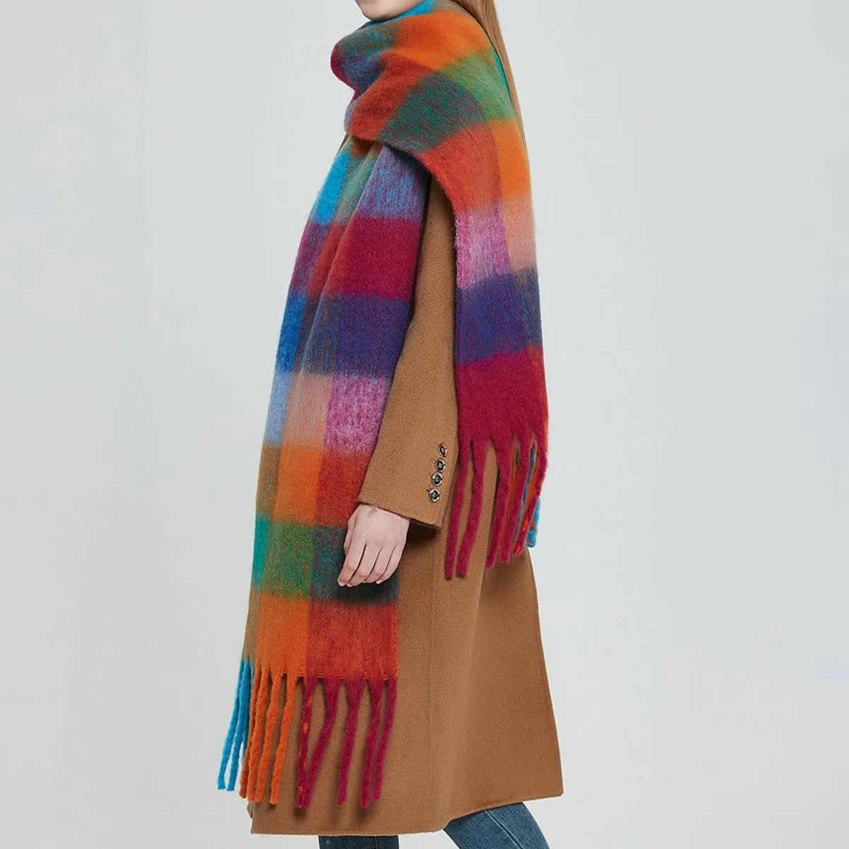 PLAID PATTERN FRINGE WINTER SCARF