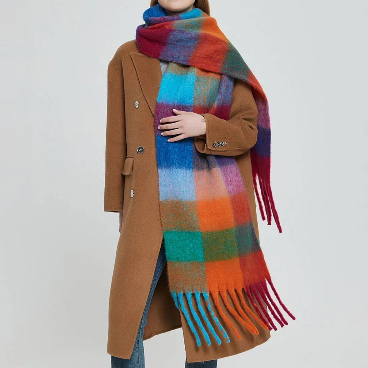 PLAID PATTERN FRINGE WINTER SCARF