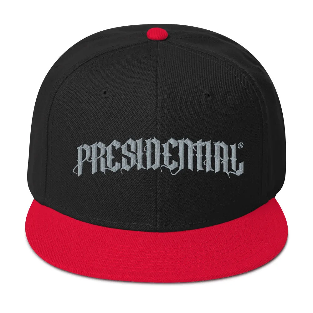 Presidential® Snapback Hat Black letter Presidential Silver