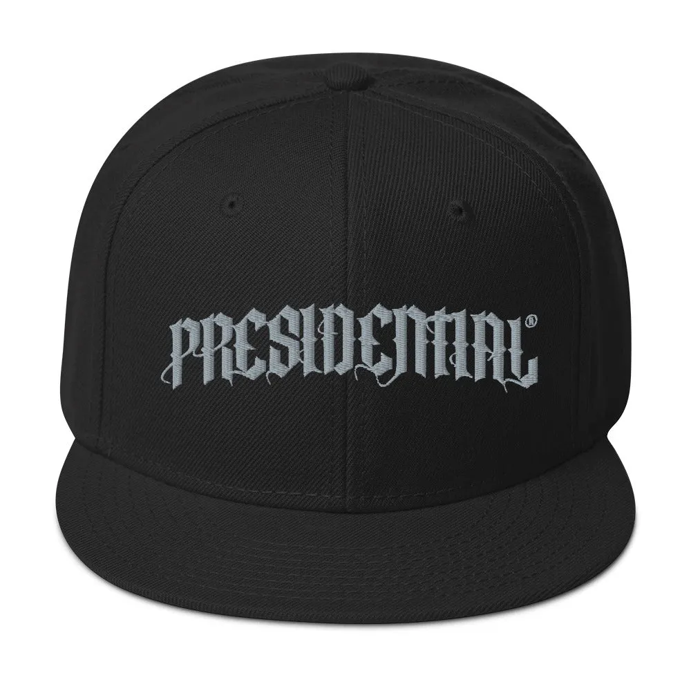 Presidential® Snapback Hat Black letter Presidential Silver