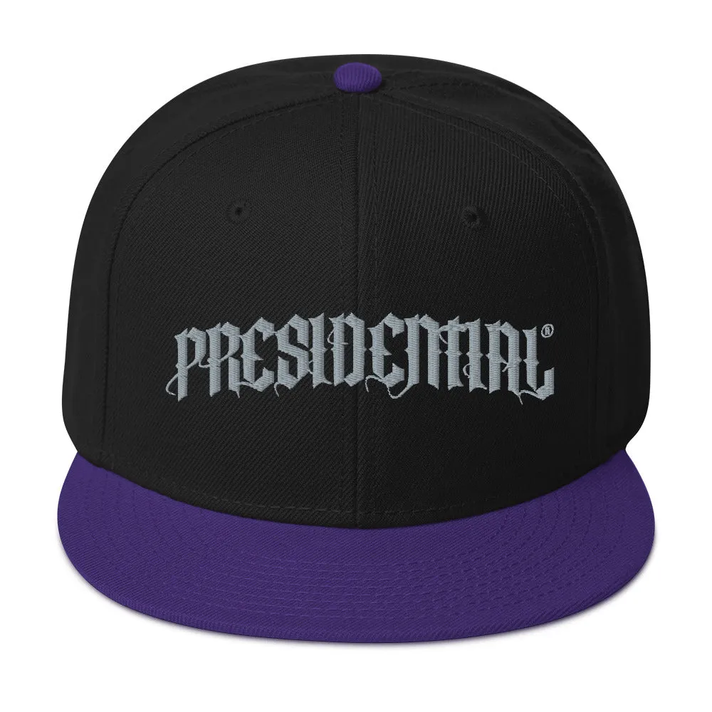 Presidential® Snapback Hat Black letter Presidential Silver