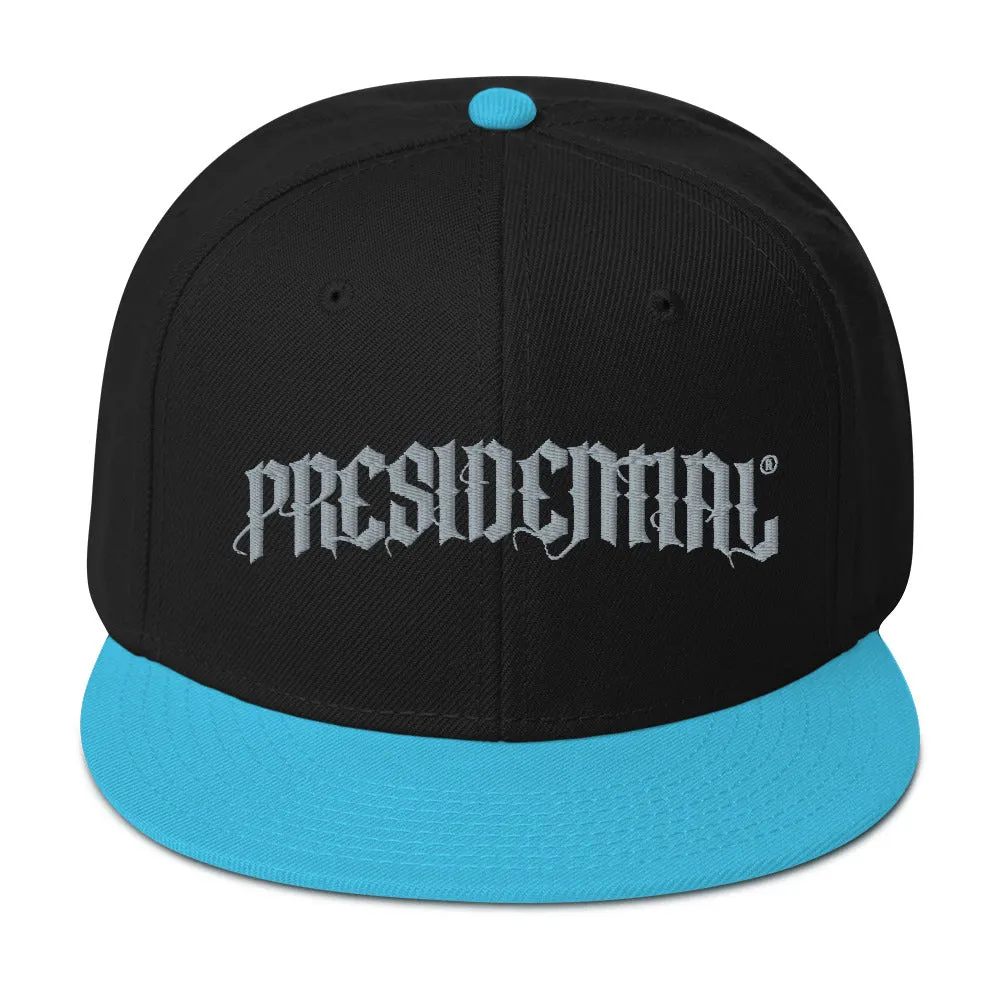 Presidential® Snapback Hat Black letter Presidential Silver