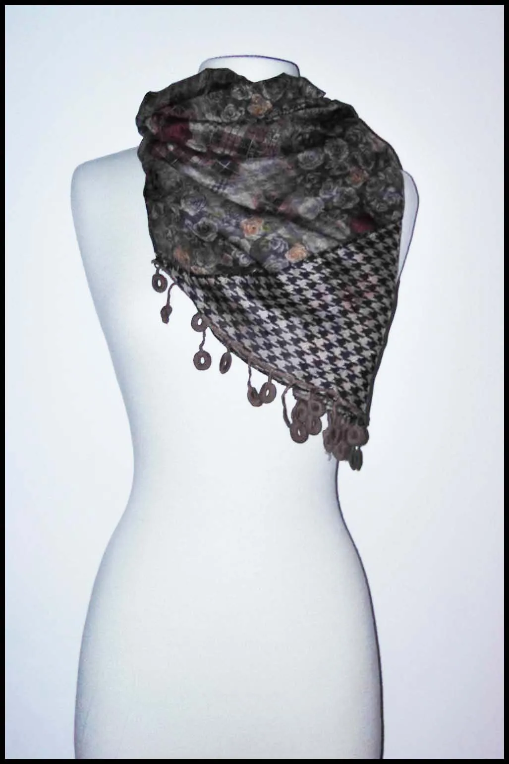 Reversible Faded Floral and Houndstooth Print Scarf