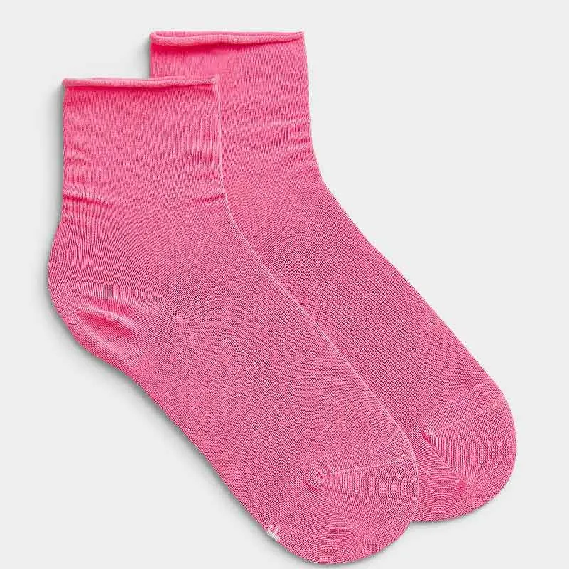 Roll-Top Pure Cotton Pink Ankle Socks