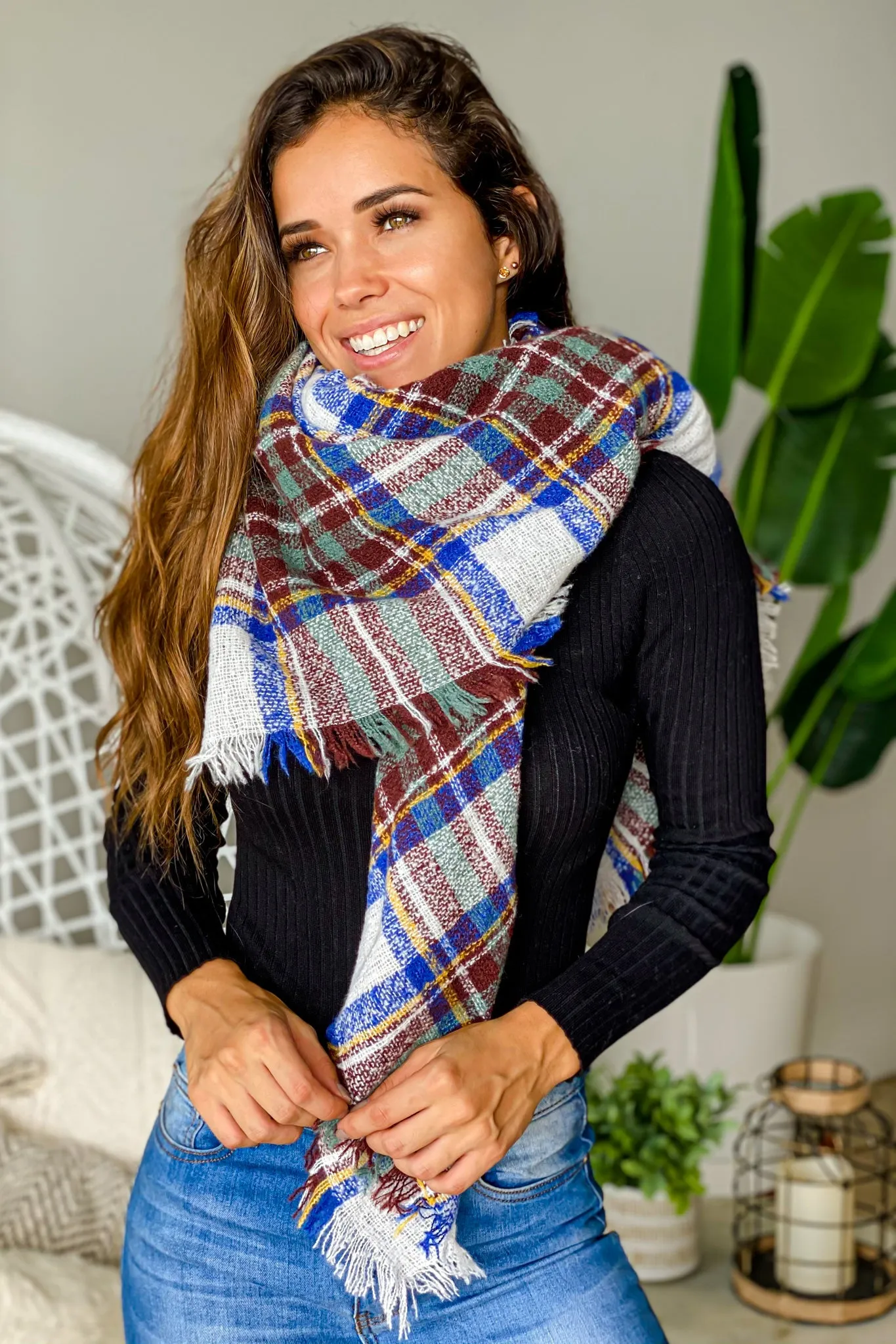 Royal Blue Plaid Blanket Scarf