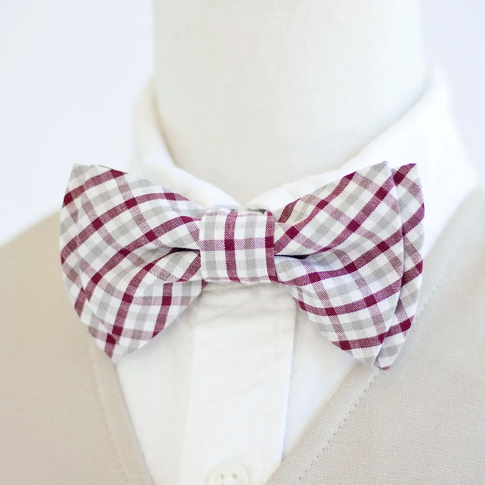 Sailor Bow Clip Or Headband / Grey And Burgundy Plaid