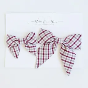 Sailor Bow Clip Or Headband / Grey And Burgundy Plaid